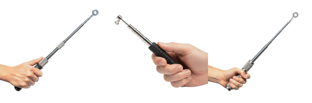 Set and collection of hands holding telescopic magnetic pick up tools and inspection mirrors isolated on white transparent png background.