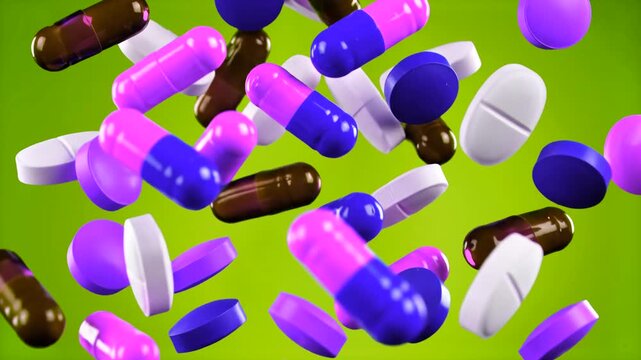 Vibrant purple and blue medicine capsules along with white tablets falling against a solid lime green background. This high-contrast 3D animation provides a modern visual for pharmacy, bio-tech, or he