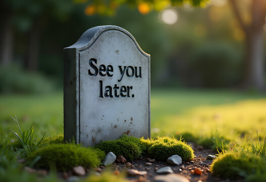 Gravestone with humorous see you later inscription in cemetery