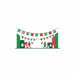 Obraz premium A street in Mexico City or New York decorated with simple soccer banners, minimalist street view, clean white background focus, festive mood, limited colors of green and red, flat vector