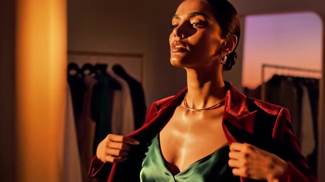 A woman in a red jacket and green top stands in a room with clothes