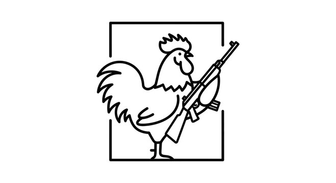 Rooster Holding Rifle, Cartoon Style, Square Frame, Black and White