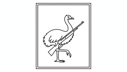Fototapeta premium Ostrich with Shotgun, Hunting, Aggressive Bird, Cartoon Style