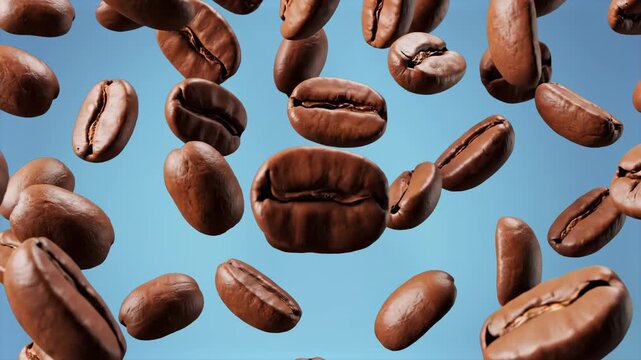 High-quality 3D animation of brown roasted coffee beans tumbling down in a continuous flow against a clean, light blue sky background. Perfect for refreshing coffee commercials, cafe menus, and bevera
