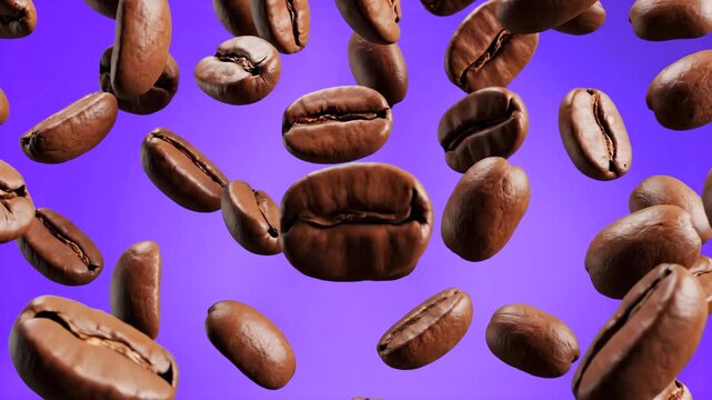 A close-up 3D render of aromatic roasted coffee beans falling and floating in mid-air against a solid purple backdrop. The loop video captures realistic textures and details for cafe branding or morni