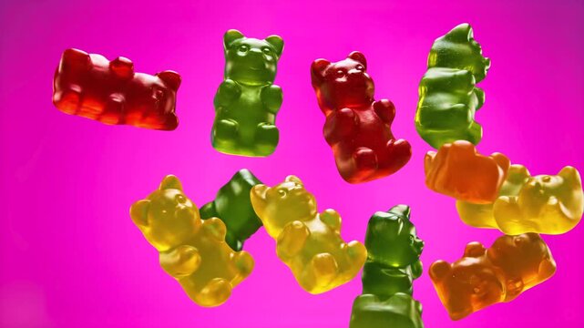 Multi-colored gummy bear candies, including green, red, and yellow, fall gracefully against a vibrant pink background. This 3D animated loop simulates a sweet confectionary pattern ideal for food and 