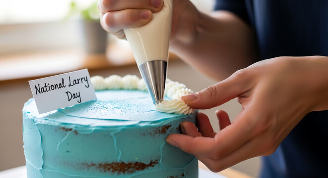Decorating a blue frosted cake for National Larry Day celebration.