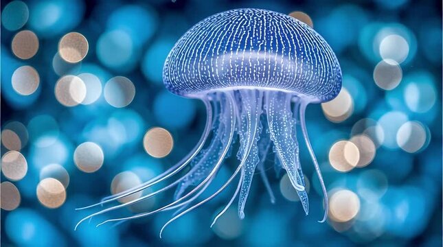 Ethereal Blue Jellyfish Underwater Scene - Bioluminescent Marine Life with Bokeh Background for Nature Science and Abstract Design Projects