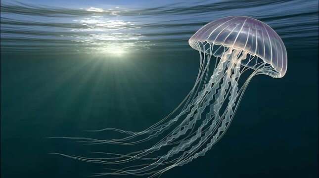 Ethereal Jellyfish Underwater Scene - Sunbeams Filter Through Ocean Water Creating a Dreamlike and Tranquil Atmosphere for Nature and Marine Life Imagery