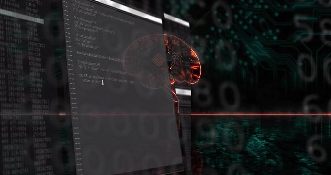Monitor sliding in, revealing code, neural graphic pulsing and syncing, representing tech data flow