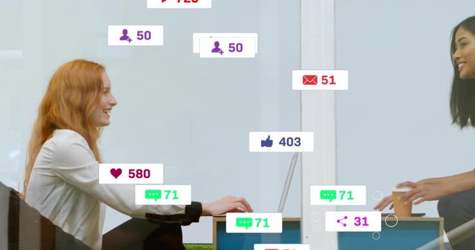 Left woman typing, causing social badges animating around laptop, showing engagement then fading