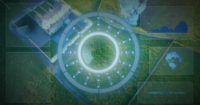 Recon drone initiating scan over coastal plaza, HUD overlay tracking mirror disk for surveillance