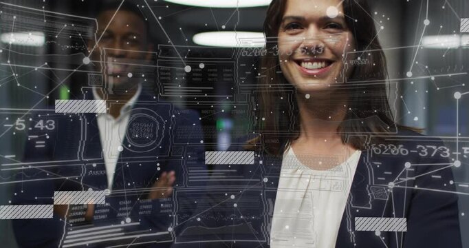 HUD appearing and shifting, woman smiling while man staying reserved, visualizing data insight