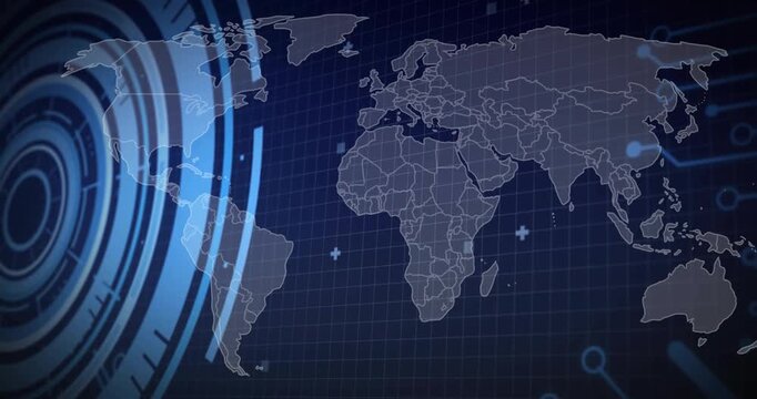 Left HUD rings starting scan, faint world map showing borders, code scrolling showing data insights