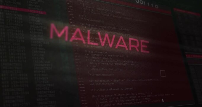 Vertical video: Partial MH blur sparking text assembling into MALWARE for security over code traces