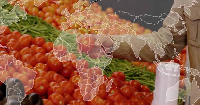 Male shopper reaching, picking tomato in grocery, hand causing map overlay while inspecting quality