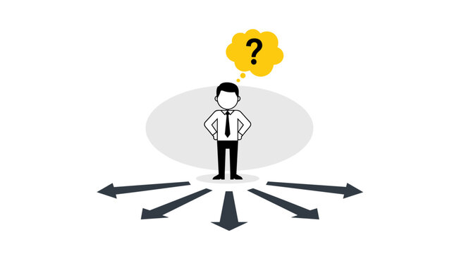 Man at crossroads with question mark above head facing multiple diverging arrows symbolizing decision making confusion