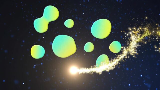 Comet entering from right trailing gold sparkles, encircling gradient blobs, showcasing tech