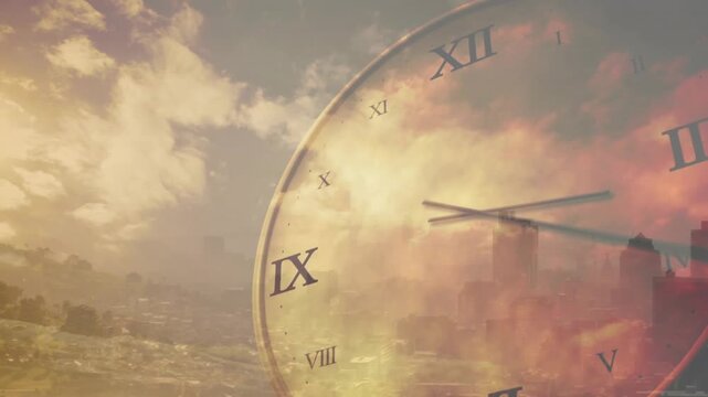 Playback starting, large clock face sweeping hands over hills, skyline to show time for designers
