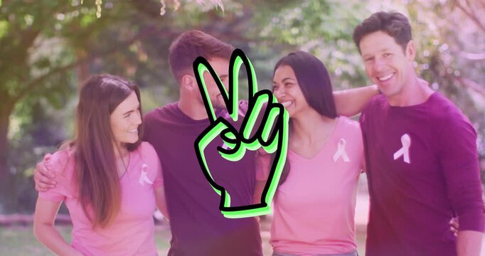 Four adults linking arms on camera cue, wearing ribbons for health while neon hand overlay cycling