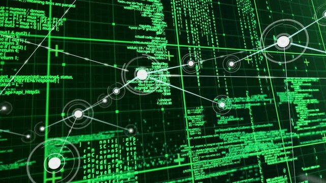 Central node pulsing and spawning links, network growing across green code grid for tech monitoring