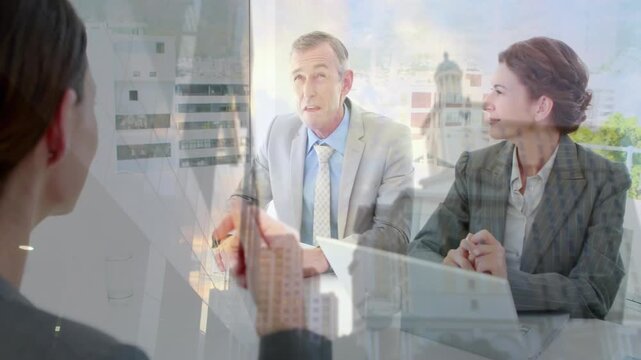 Vertical video: Panel rating fit after candidate raising hand at office window overlay, copy space