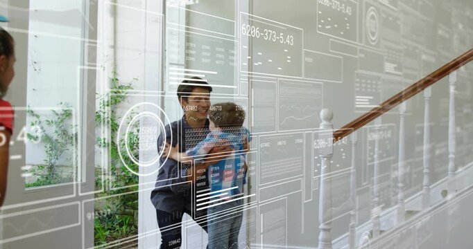 Man opening front door, greeting children, kneeling and lifting boy, HUD overlay showing home tech