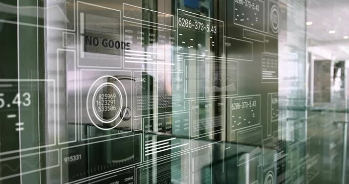 Rightward tracking from NO GOODS cabinet, glass HUD shifting and updating data, revealing corridor