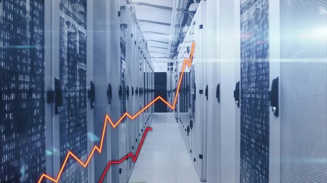 Server racks lining aisle showing animated graphs entering lower-left and tracing performance data