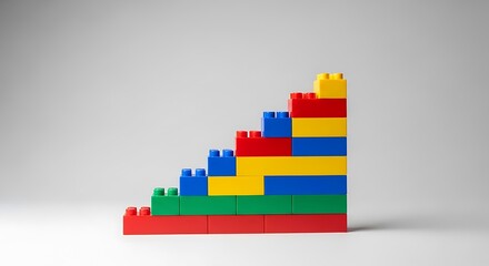 Fototapeta premium Colorful plastic building blocks arranged in a staircase shape on a grey background representing business growth and corporate success today