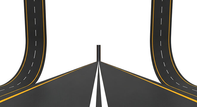 Split road in perspective with a central black pillar and diverging paths on white background, symbolizing choice and decisions, abstract background