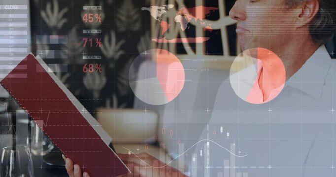 Man tapping red folder in cafe causing charts and world map overlays aiding business analysis