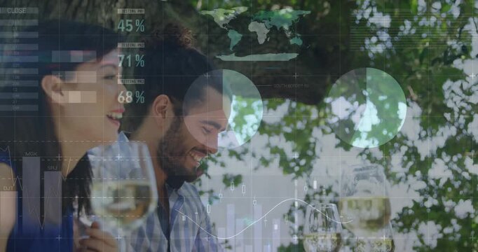 Guests holding wine while server approaching taking order from menus, HUD over restaurant table