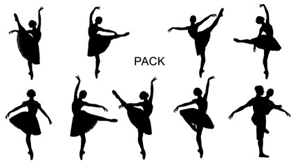 Ballet Dancers Silhouettes Pack: Elegant Poses, Graceful Movement, White Background © Pa