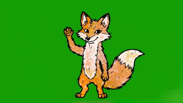 A charming, hand-drawn style orange fox standing and waving its paw. The animation is set against a solid green background, making it an ideal choice for educational videos, nature vlogs, or creative 