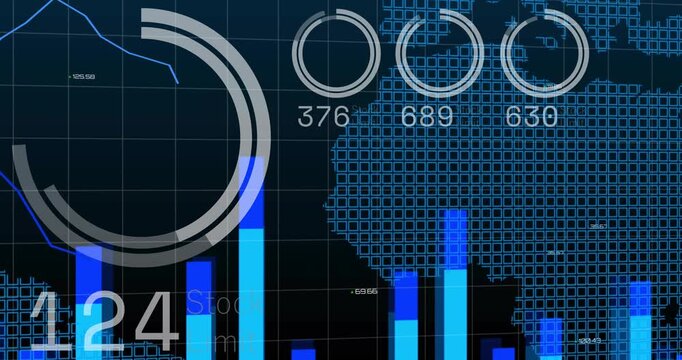 Animated tech dashboard getting data driving bars rising gauge filling line tracing showing metrics