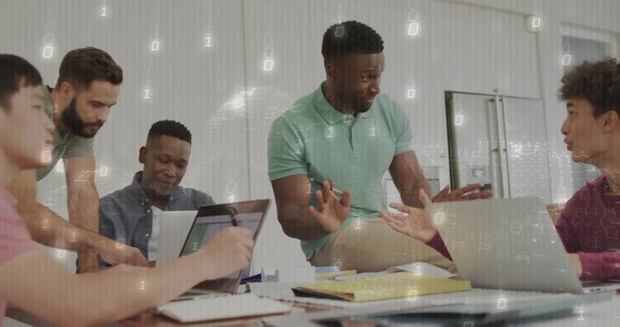 Man in mint polo leading tech review after right peer pointing at laptop binary overlay appearing