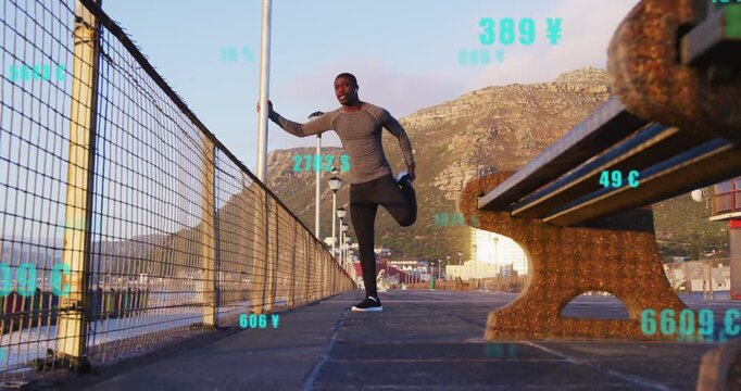 Male runner doing fitness warmup on pier, using pole holding quad stretch as teal overlays shifting