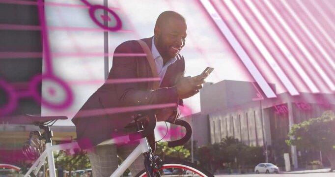 Man tapping phone by bike, causing magenta overlays obscuring torso and showing business charts