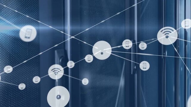 Central disc transforming into Wi-Fi hub, starting nodes adding phone icons and mapping data center