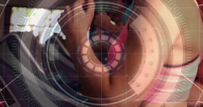 Vertical video: Clipping tether, woman in pink top starting gym run with HUD appearing, copy space