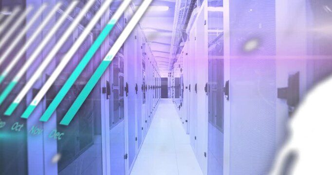 Data feed entering data hub, server corridor showing code, bars, pie, world map, visualizing months