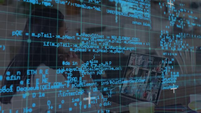 Woman developer watching laptop live code feed causing cyan grid obscuring then clearing call grid