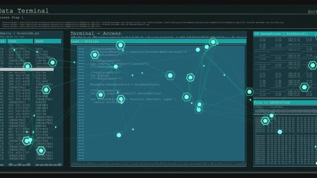 Terminal executing commands, updating code, tables while nodes forming clusters for tech monitoring