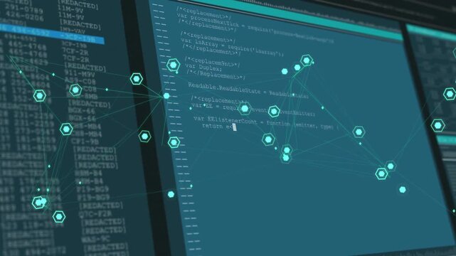 Cursor blinking monitor showing code while teal nodes grouping marking REDACTED row for security