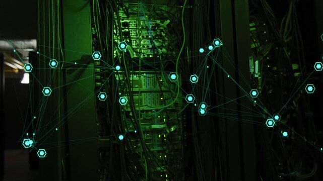 Cyan nodes appearing and clustering over central server rack, visualizing active network topology