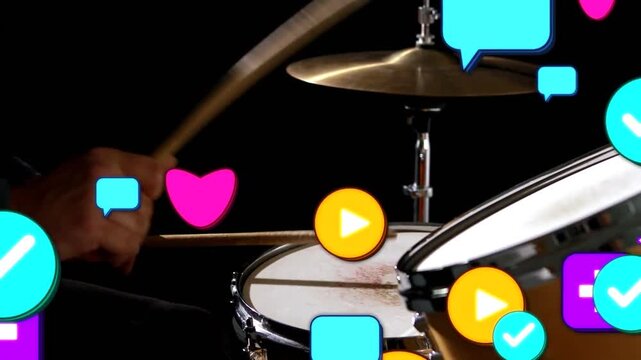 Drummer striking snare and cymbal, sending hearts and play icons inward, boosting music engagement