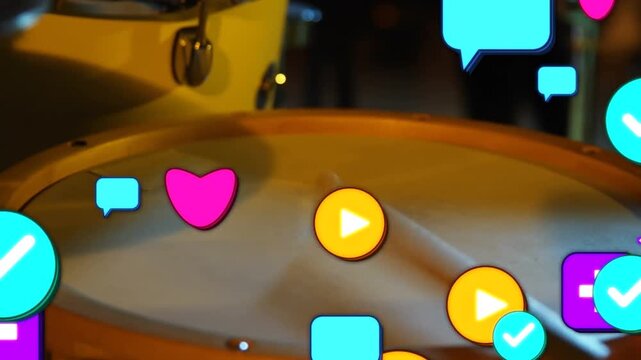 Drummer hands striking snare drum, sparking hearts play icons swelling to show music engagement