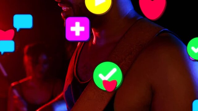 Music singer moving into mic singing for fans sparking social icons spreading over guitar and drums