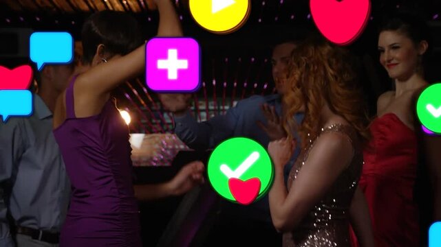 Mingling five adults dressed up dancing inside limo under ribbed lights, reaction icons appearing